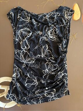 Mexx Black Tank Top with White Abstract Floral Lines